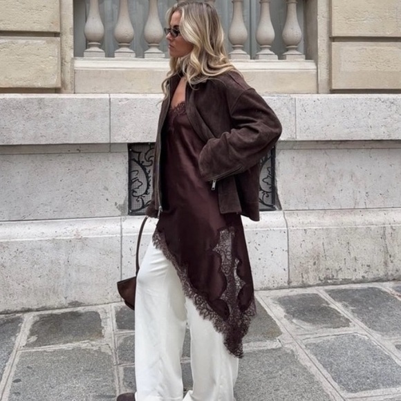 Zara NWT ZW Collection asymmetric lace dress brown 5919/200 - Picture 5 of 14